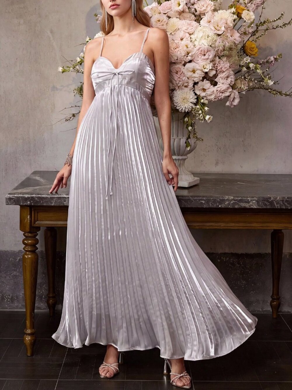 Silver Elegant Women's Premium Bow Bust Pleated Slip Maxi Dress - Picture 7 of 9